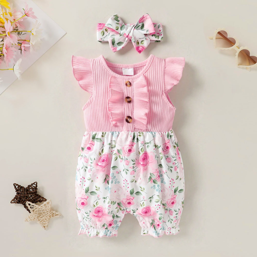 2PCS Dainty Summer Floral Printed Fly Sleeve Baby Jumpsuit