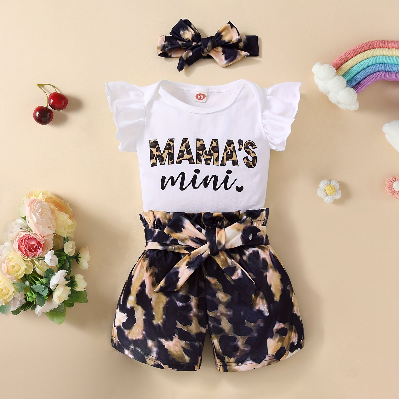 3PCS Mama's Mini Letter Leopard Printed Sleeveless Baby Set