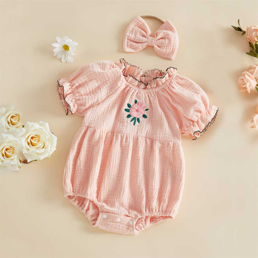 2PCS Lovely Floral Embroidery Short Sleeve Baby Romper