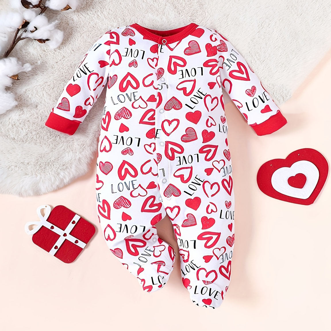 Adorable Love Letter Heart Printed Long Sleeve Baby Jumpsuit