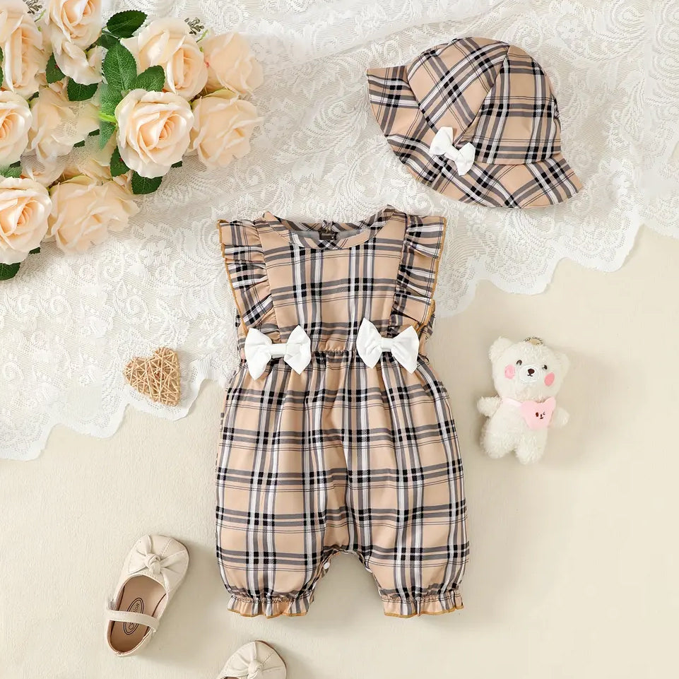 2PCS Comfy Plaid Printed Bow Decoration Sleeveless Baby Jumpsuit