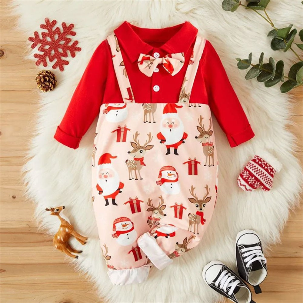 Christmas Santa Claus Deer Printed Long Sleeve Baby Jumpsuit