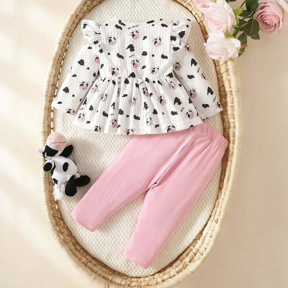 2PCS Sweet Moo Letter Cow Printed Long Sleeve Baby Girl Set