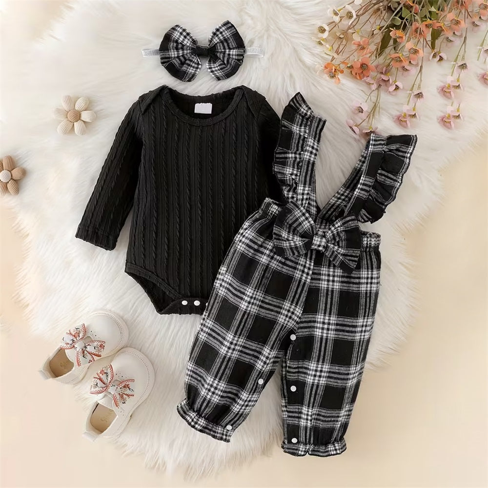 3PCS Fashion Trend Plaid Print Long Sleeve Baby Set