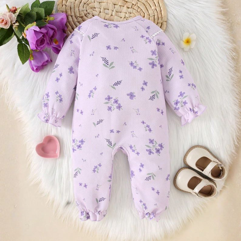 Charming Floral Printed Long Sleeve Baby Girl Jumpsuit