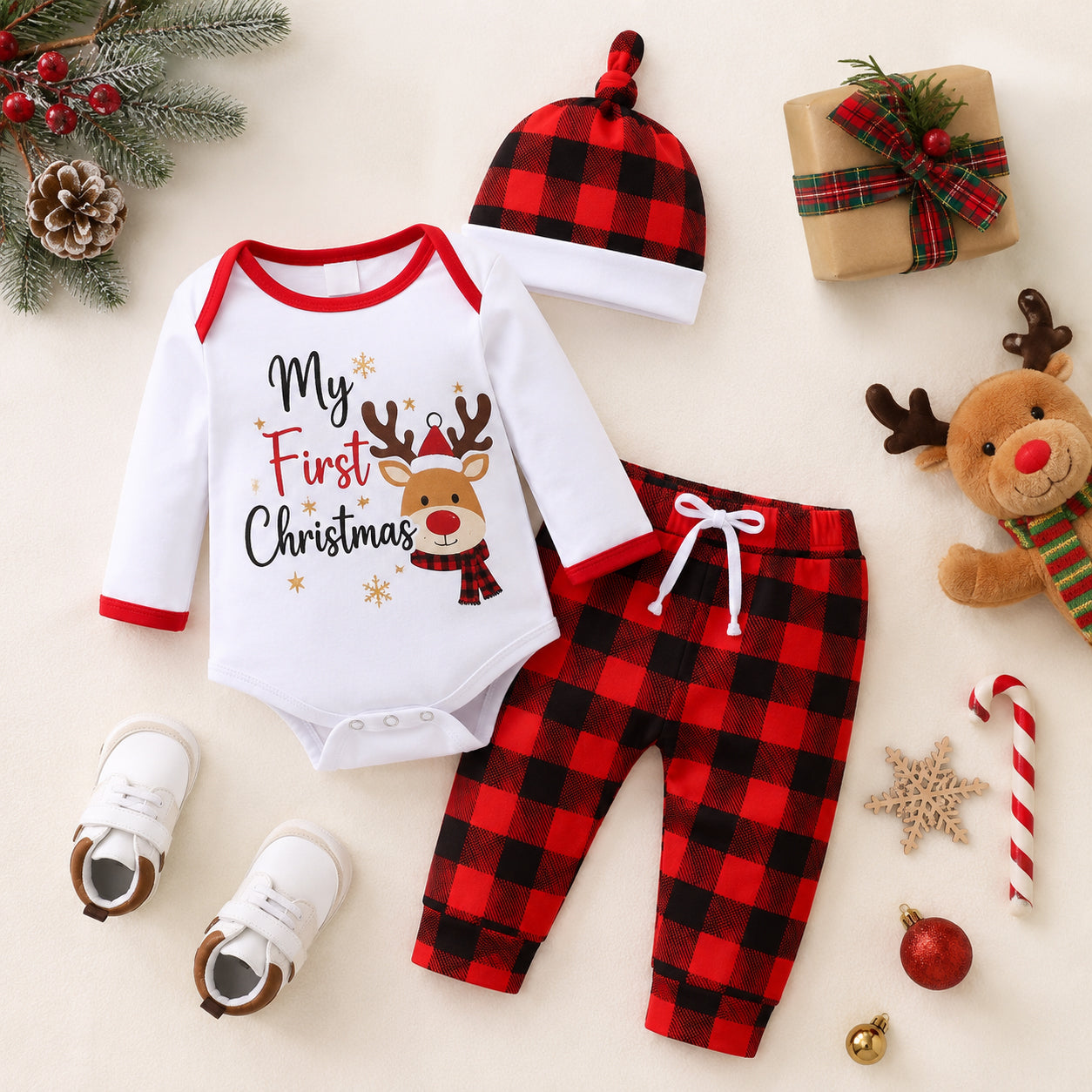 3PCS My First Christmas Letter Plaid Elk Print Baby Set