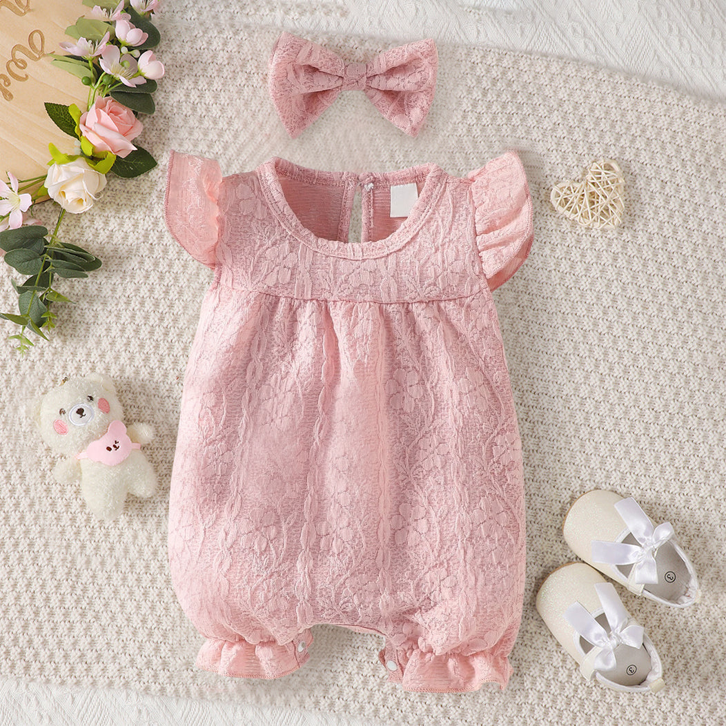 2PCS Solid Color Floral Decoration Sleeveless Baby Jumpsuit