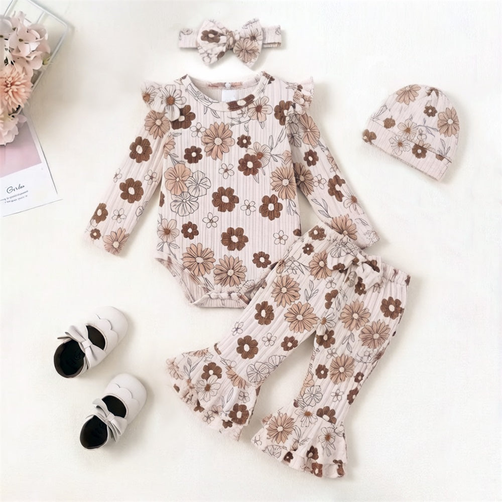 4PCS Cute Floral Printed Long Sleeve Baby Set