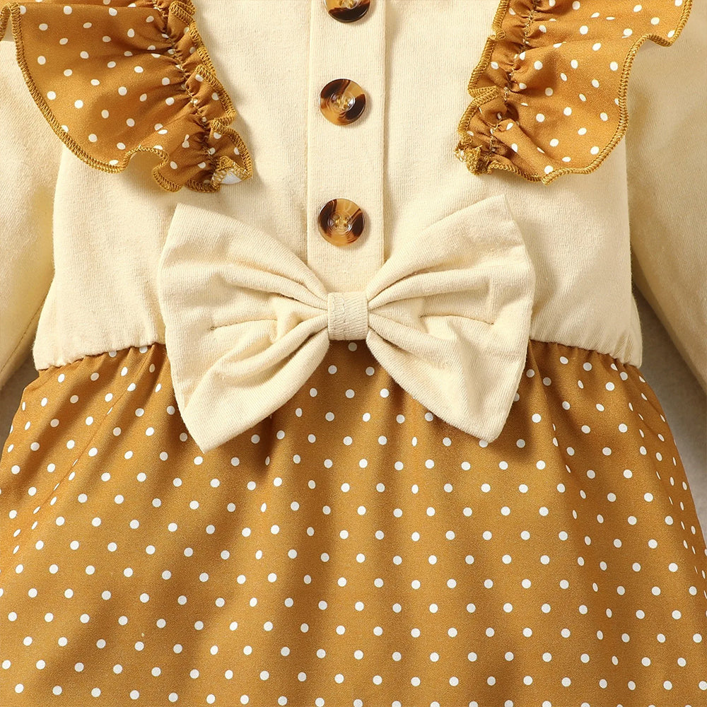2PCS Sweet Polka Dots Print Ruffle Long Sleeve Baby Girl Jumpsuit