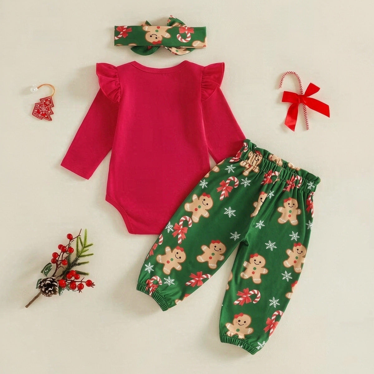 3PCS My 1st Christmas Letter Gingerbread Print Long Sleeve Baby Girl Set