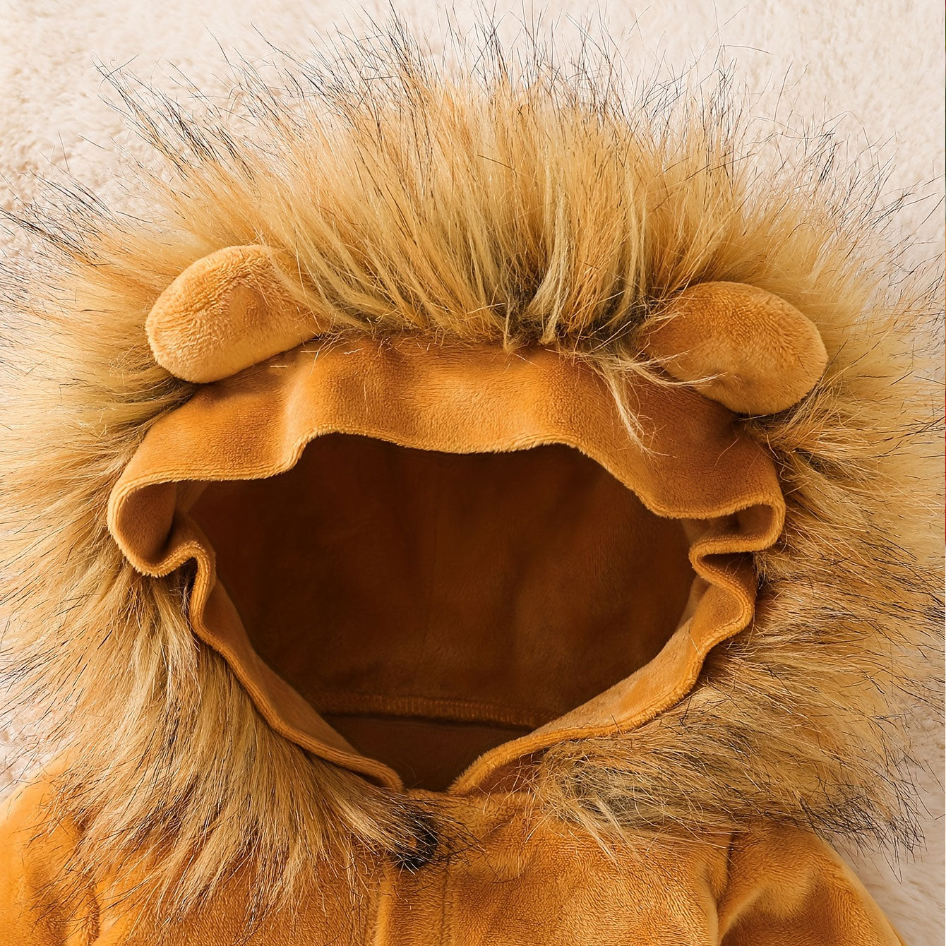 Lovely Fuzzy 3D Lion Decor Long Sleeve Hoodie Baby Jumpsuit