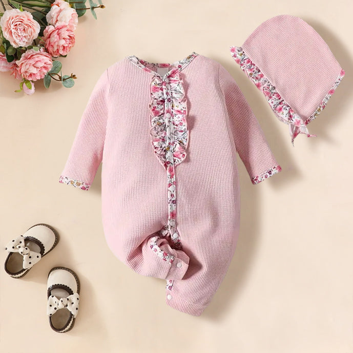 2PCS Sweet Floral Printed Ruffle Decoration Long Sleeve Baby Jumpsuit