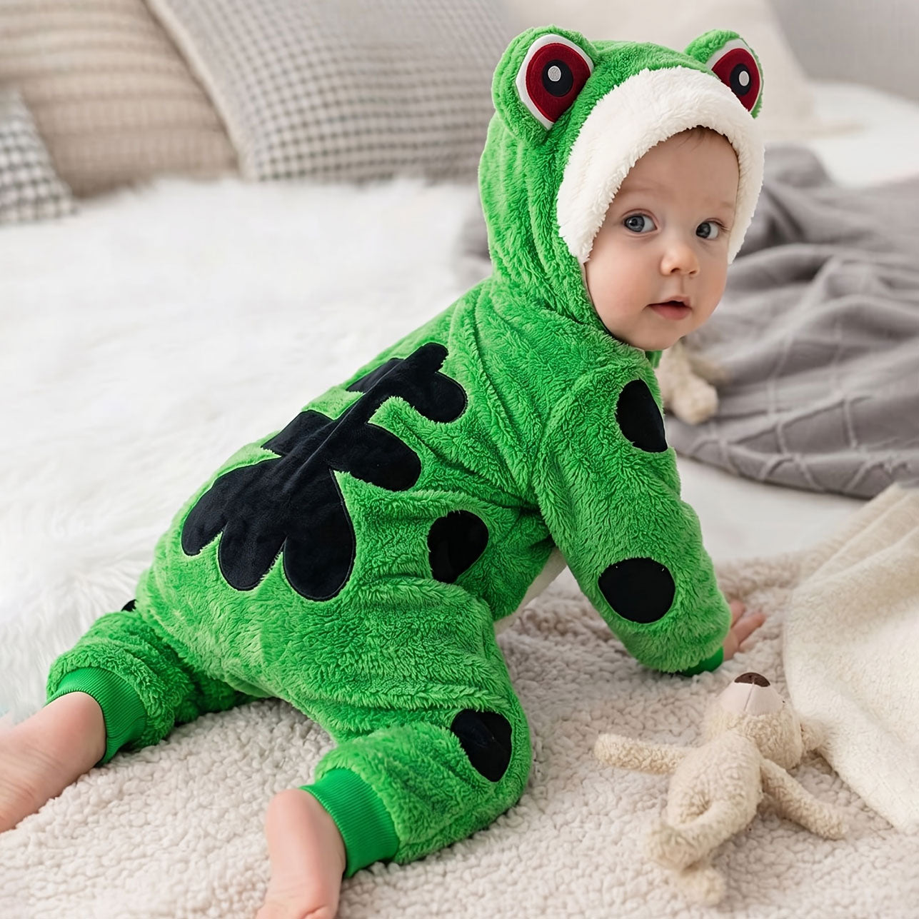 3D Fuzzy Frog Design Zipper Hoodie Baby Jumpsuit