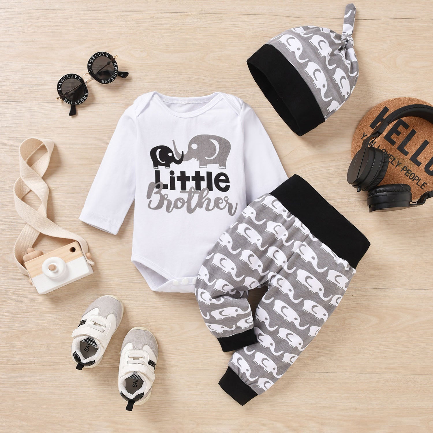 3PCS Little Brother Letter Elephant Printed Baby Set