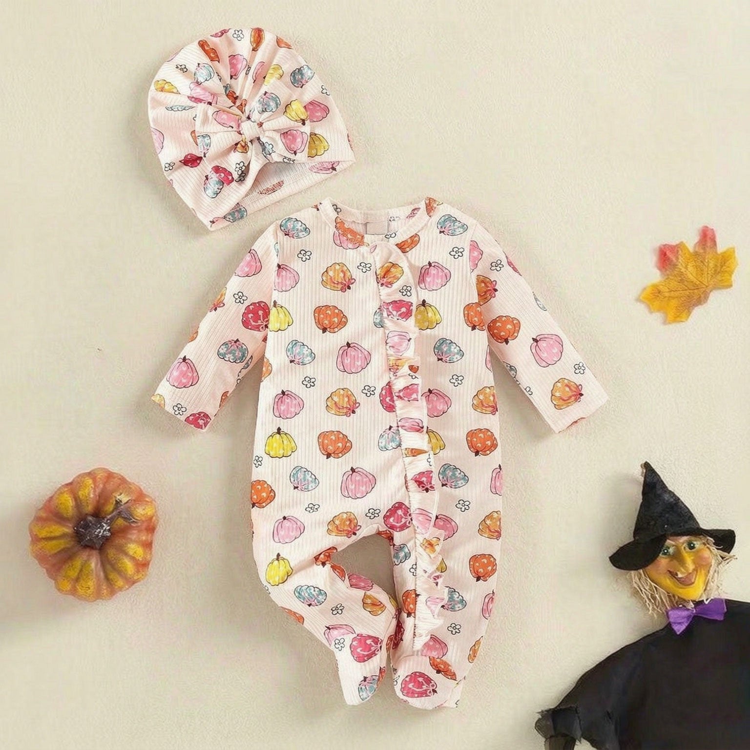 2PCS Halloween Pumpkin and Floral Printed Long Sleeve Zipper Baby Jumpsuit