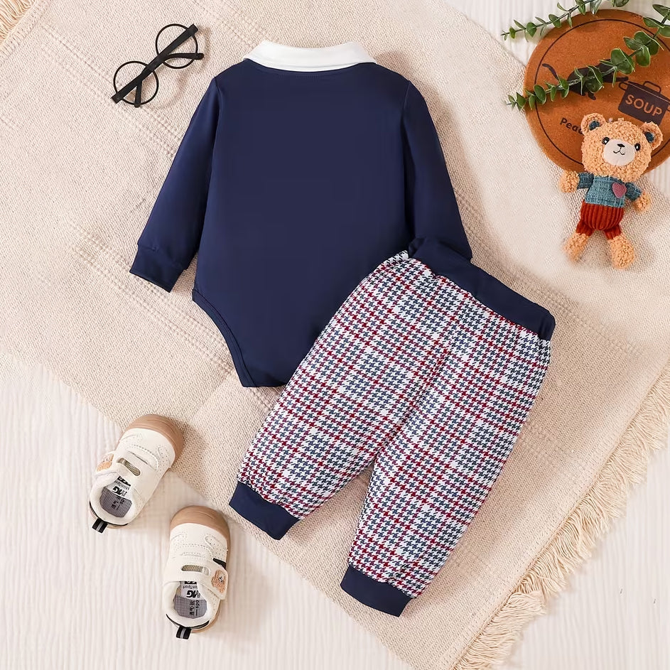 2PCS Bear Embroidery Houndstooth Printed Long Sleeve Baby Set