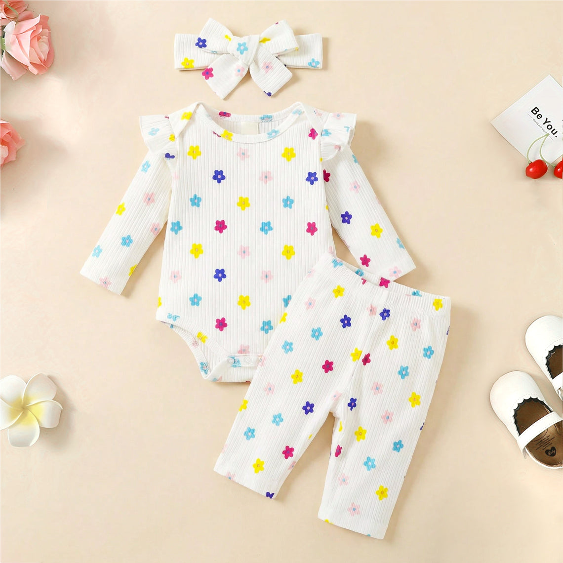 3PCS Cute All-Over Floral Printed Long Sleeve Baby Set