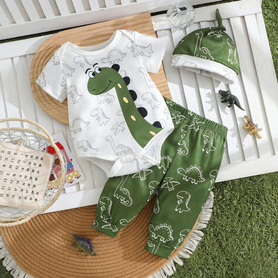 3PCS Adorable Dinosaur Print Short Sleeve Baby Set