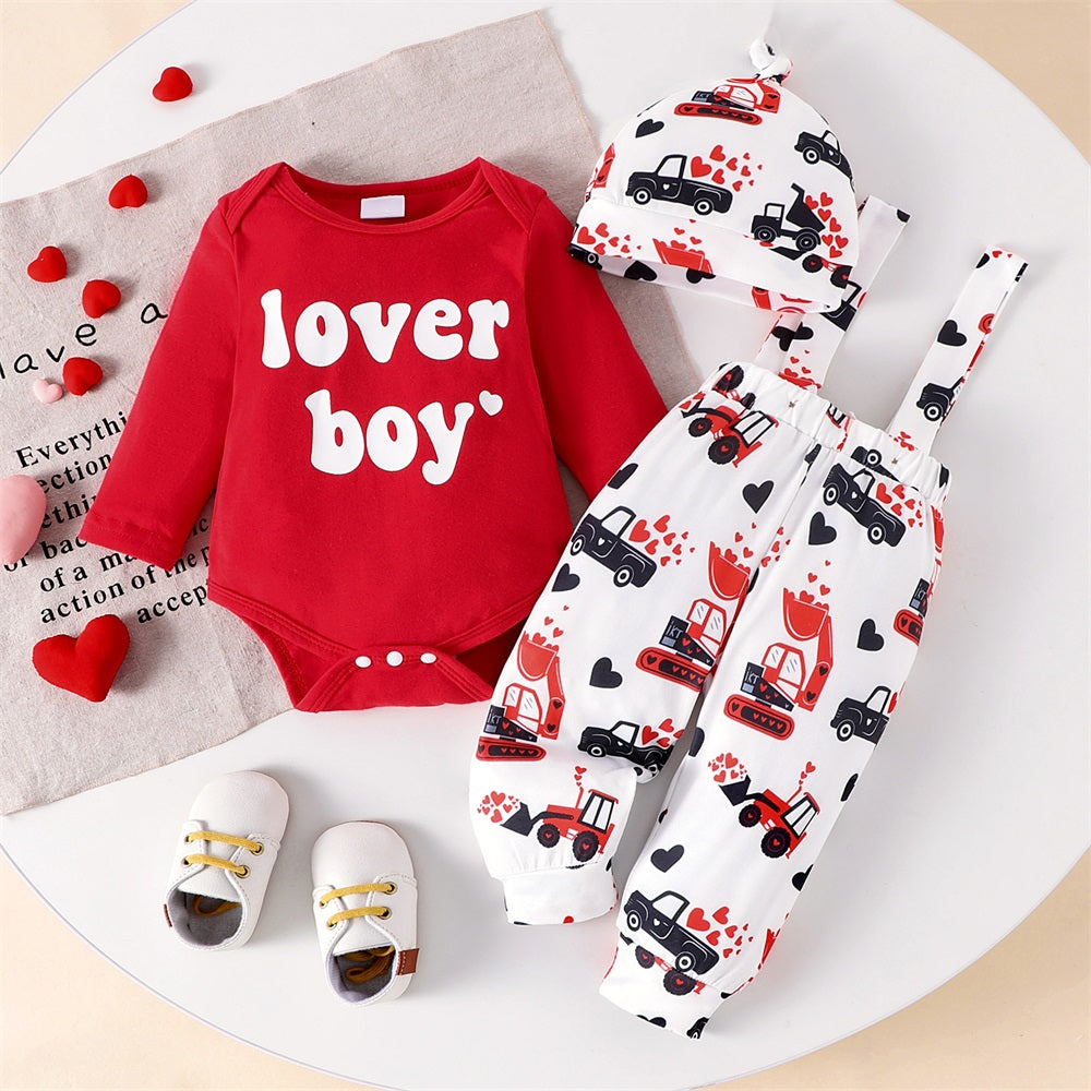 3PCS Lover Boy Letter Printed Long Sleeve Baby Overalls Set