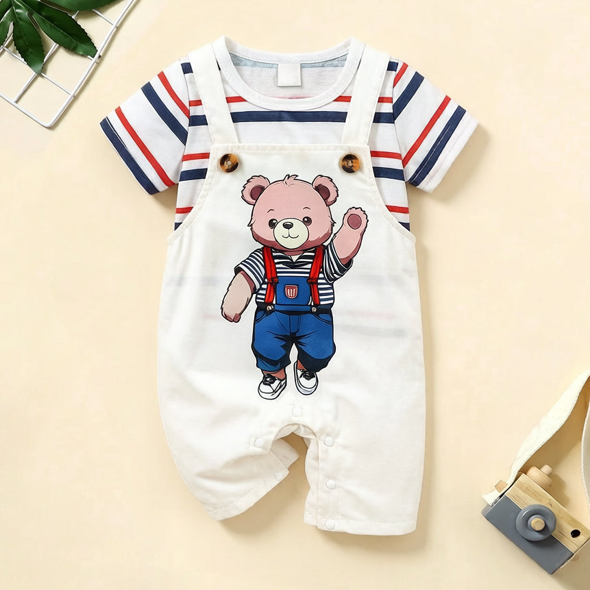 2PCS Adorable Bear Stripe Print Overalls Baby Set