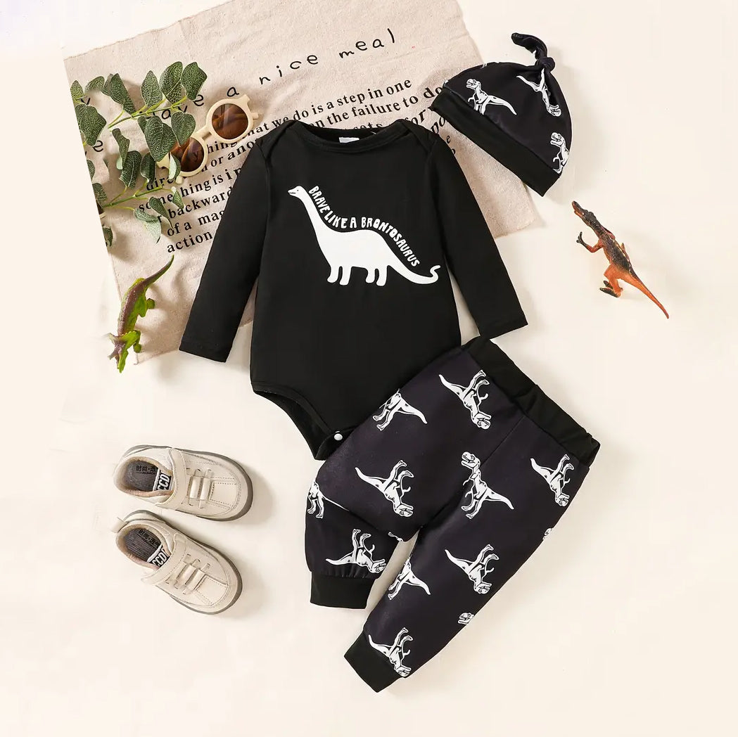 3PCS Brave Like A Brontosaurus Letter Dinosaur Printed Long Sleeve Baby Set