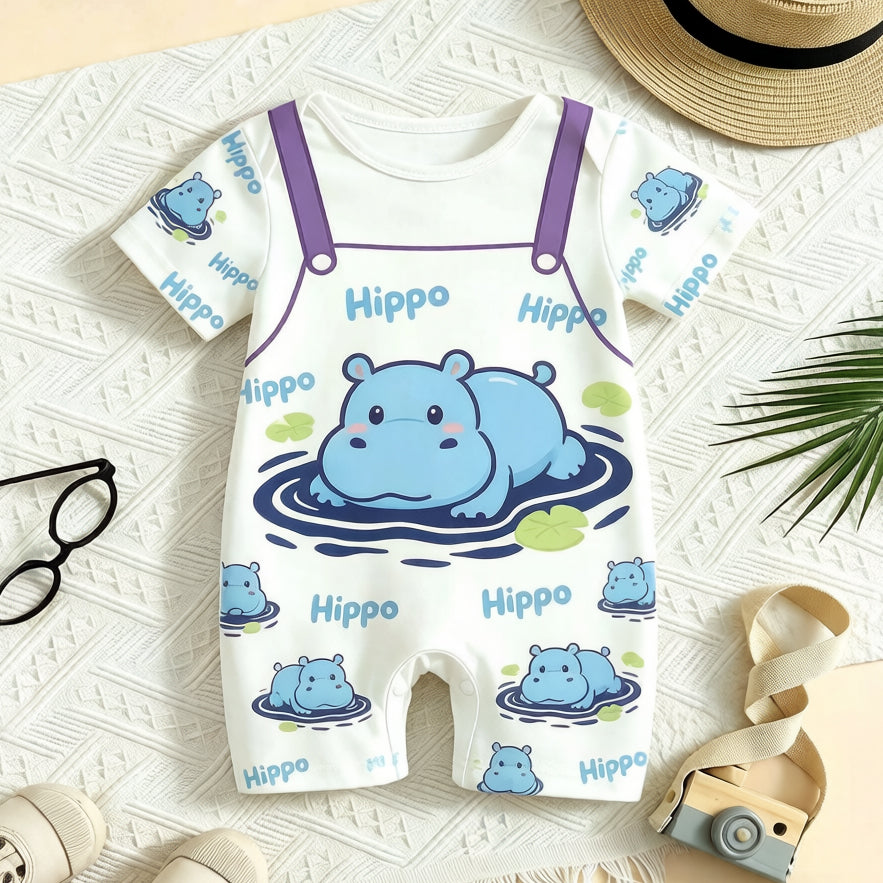 Casual Letter & Hippo Printed Short Sleeve Baby Jumpsuit