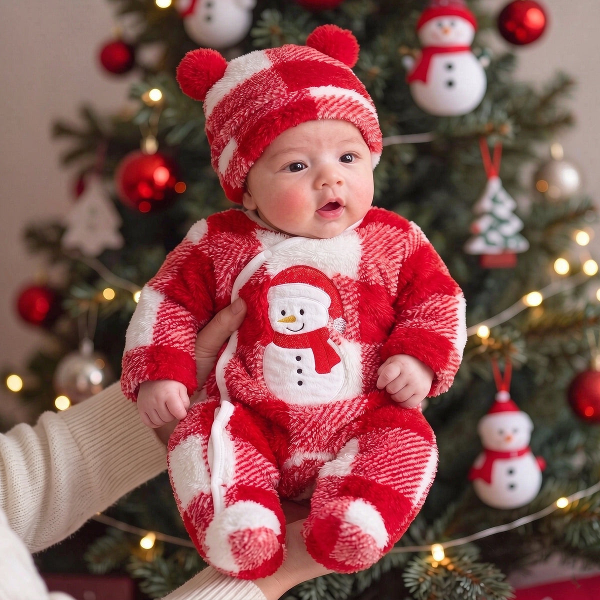 2PCS Lovely Santa Applique Plaid Print Fleece Long Sleeve Baby Jumpsuit