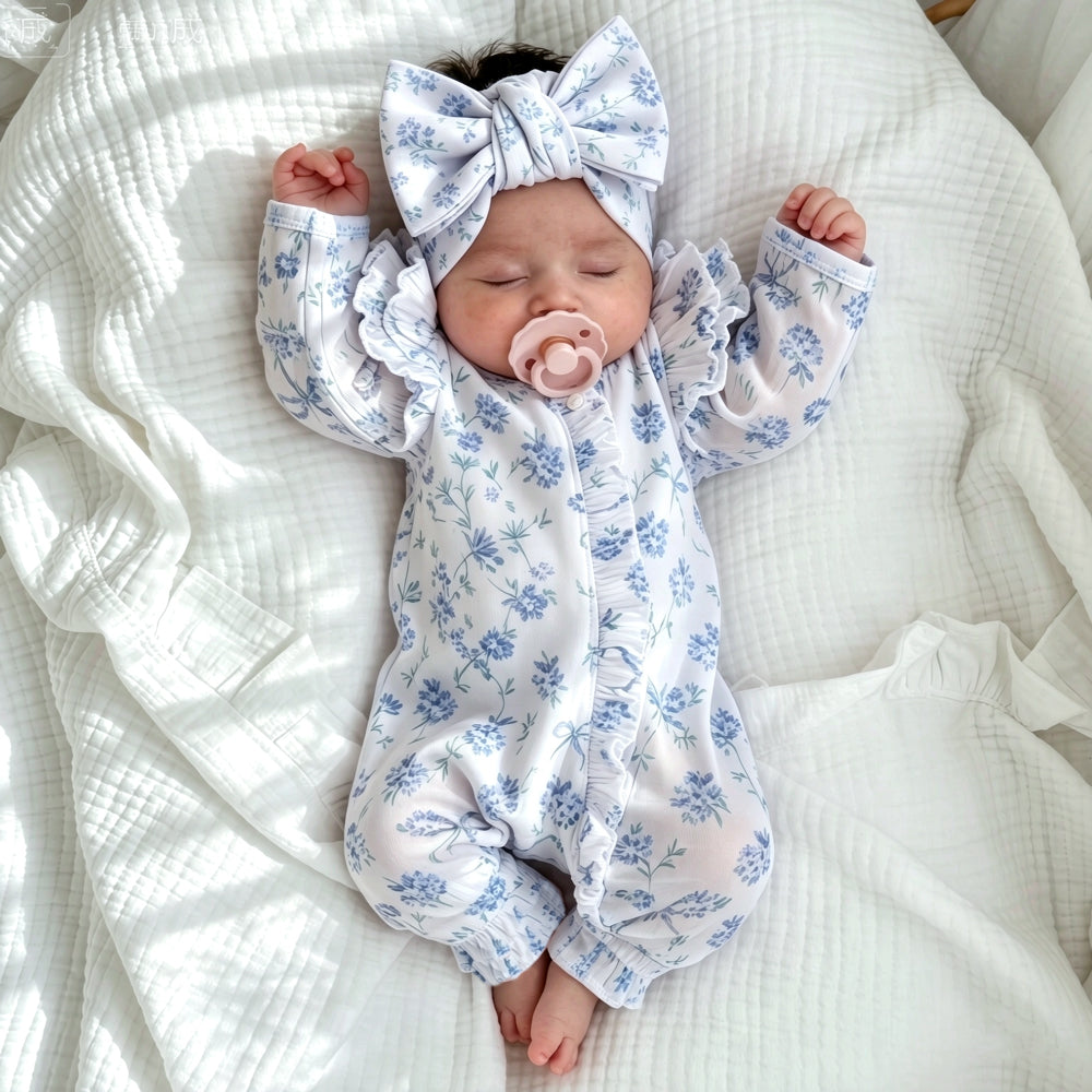 2PCS Elegant Baby Girl Floral Print Ruffle Long Sleeve Zipper Jumpsuit