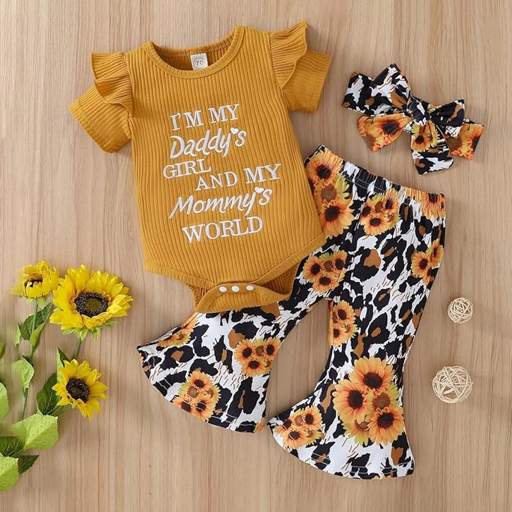 3PCS I'm My Daddy's Girl Letter Floral Printed Short Sleeve Baby Set