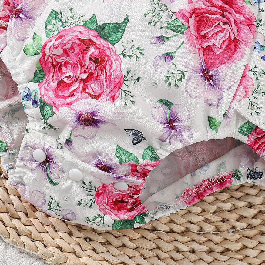 2PCS Playful Floral Print Bowknot Flutter Sleeve Baby Romper