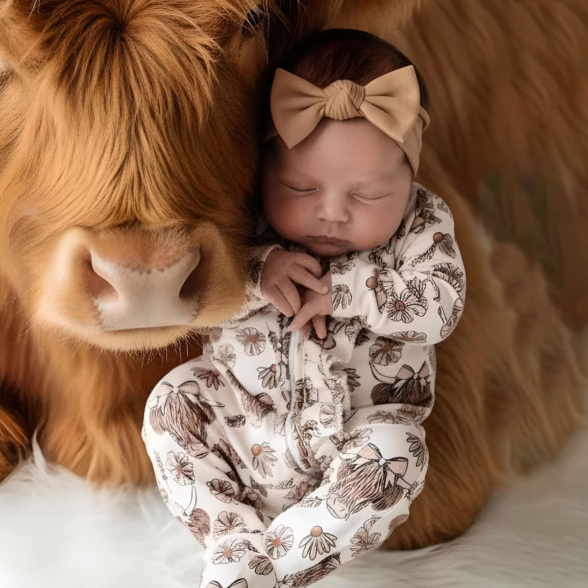 Pretty Cow Floral Printed Long Sleeve Zipper Baby Jumpsuit