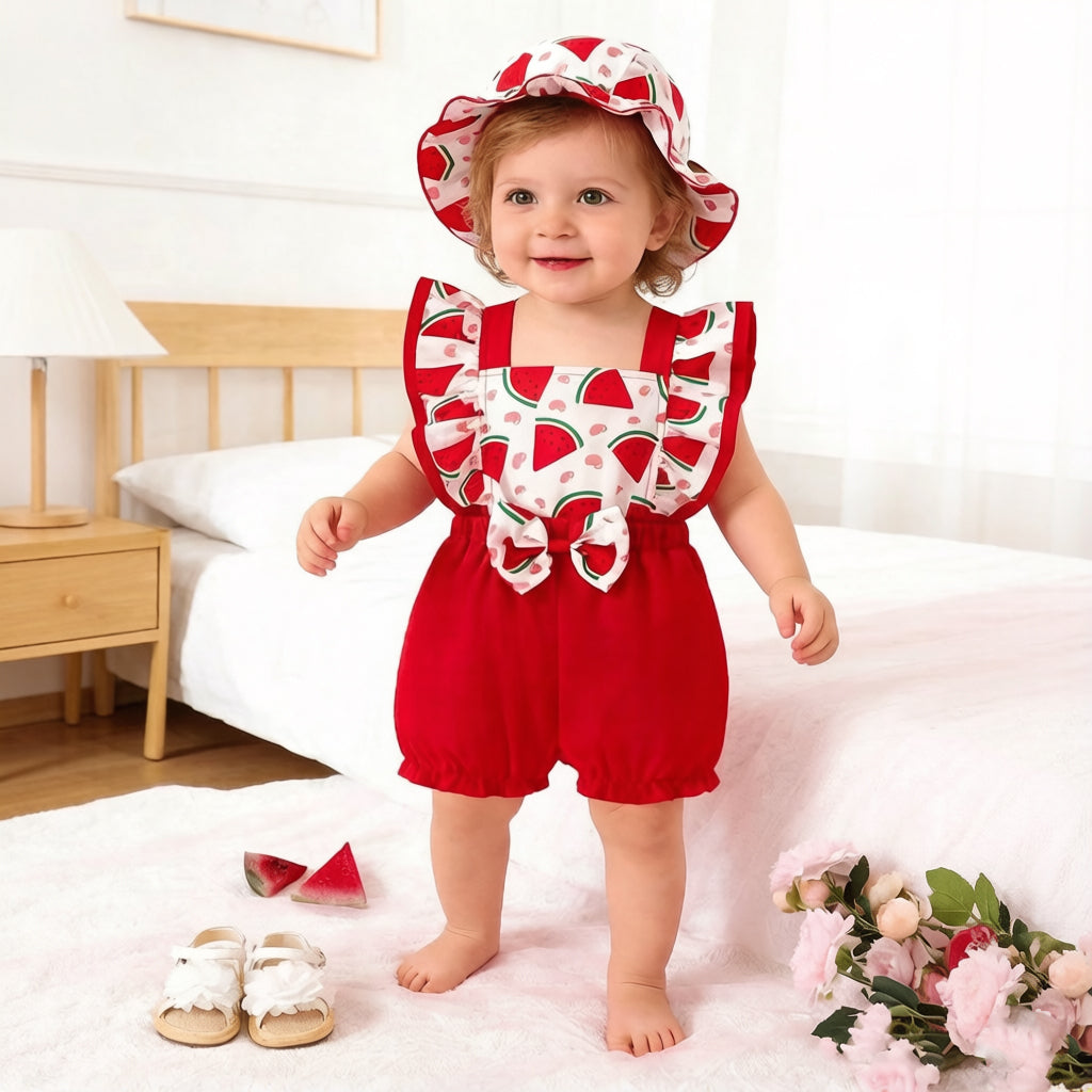 2PCS Cute Strawberry Print Flounce Sleeve Baby Girl Jumpsuit