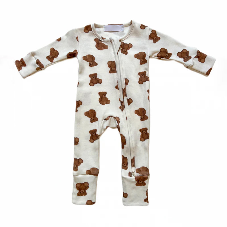 Cute Cartoon Bear Printed Long Sleeve Zipper Baby Jumpsuit