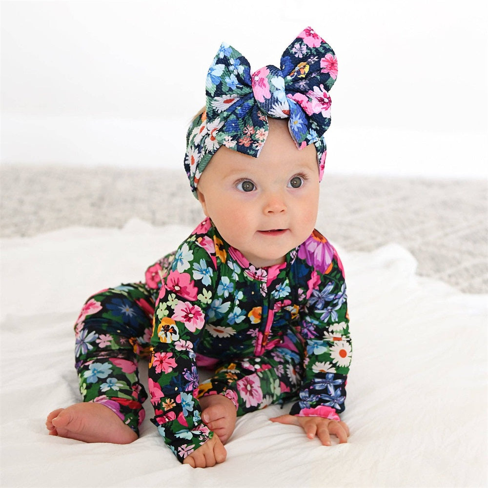 2PCS Allover Floral Print Ruffle Long Sleeve Baby Jumpsuit