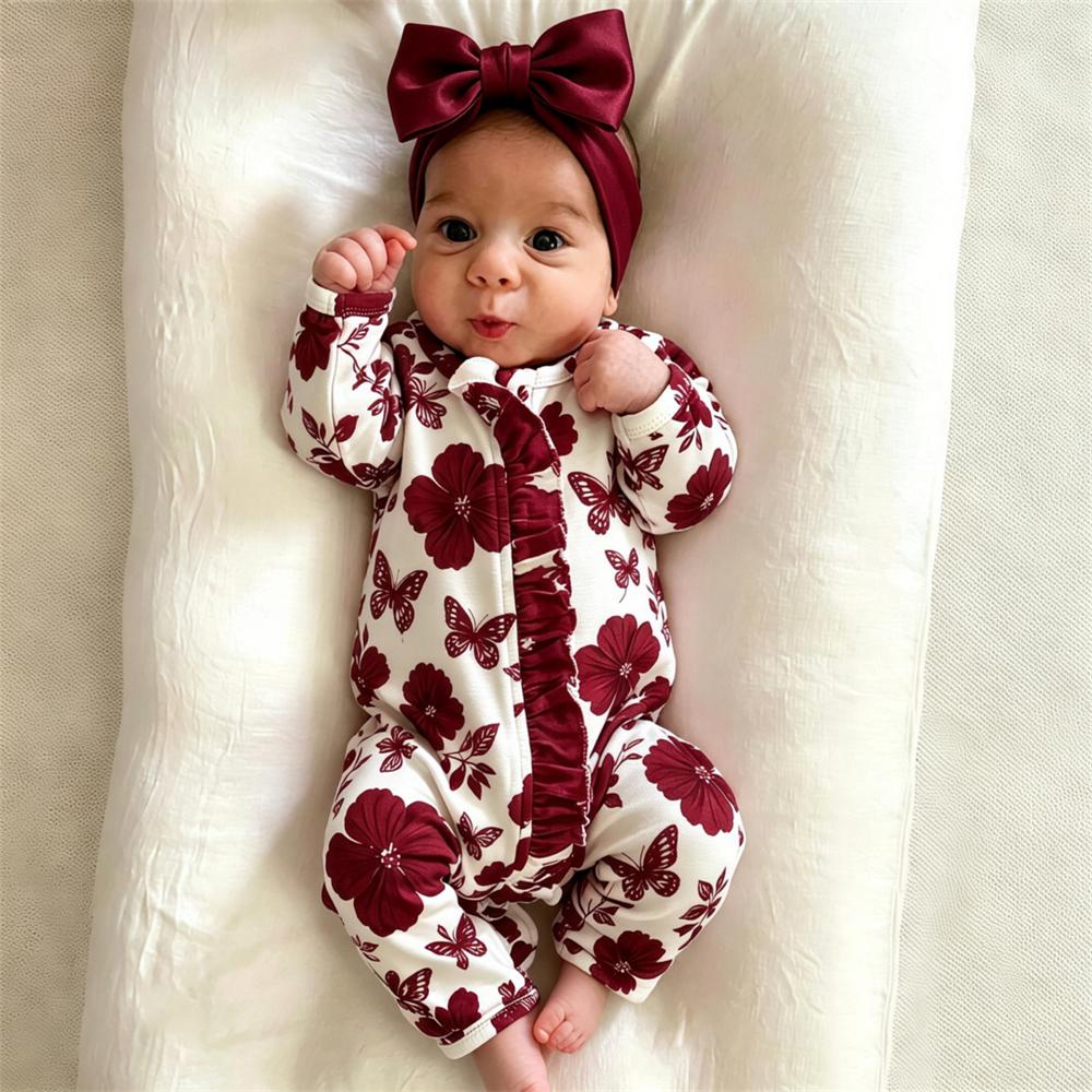 Vintage Floral and Butterfly Printed Long Sleeve Zipper Baby Jumpsuit