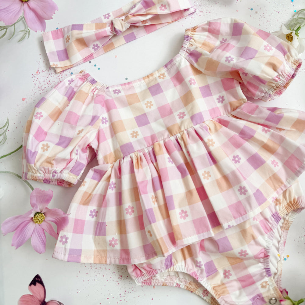 2PCS Cute Plaid and Floral Printed Short Sleeve Baby Romper