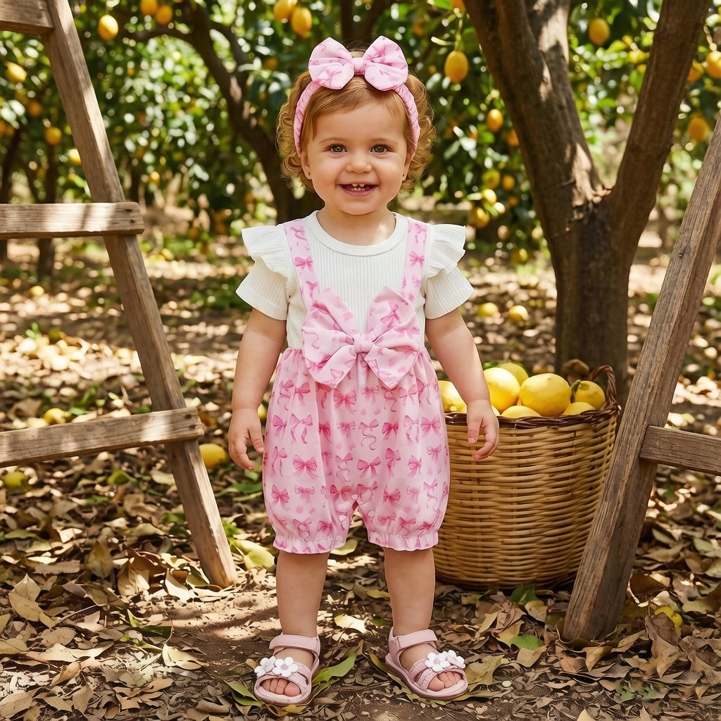 2PCS Lovely Faux Two-Piece Bow Print Short Sleeve Baby Jumpsuit