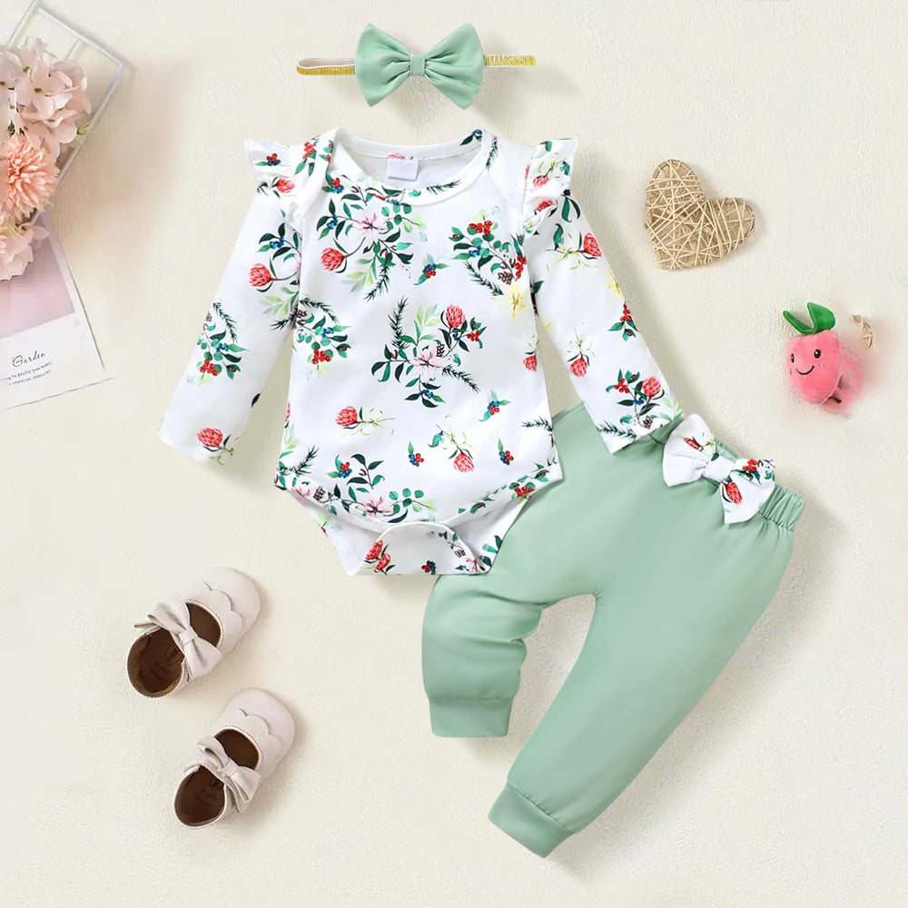 3PCS Timeless Floral Print Long Sleeve Baby Set