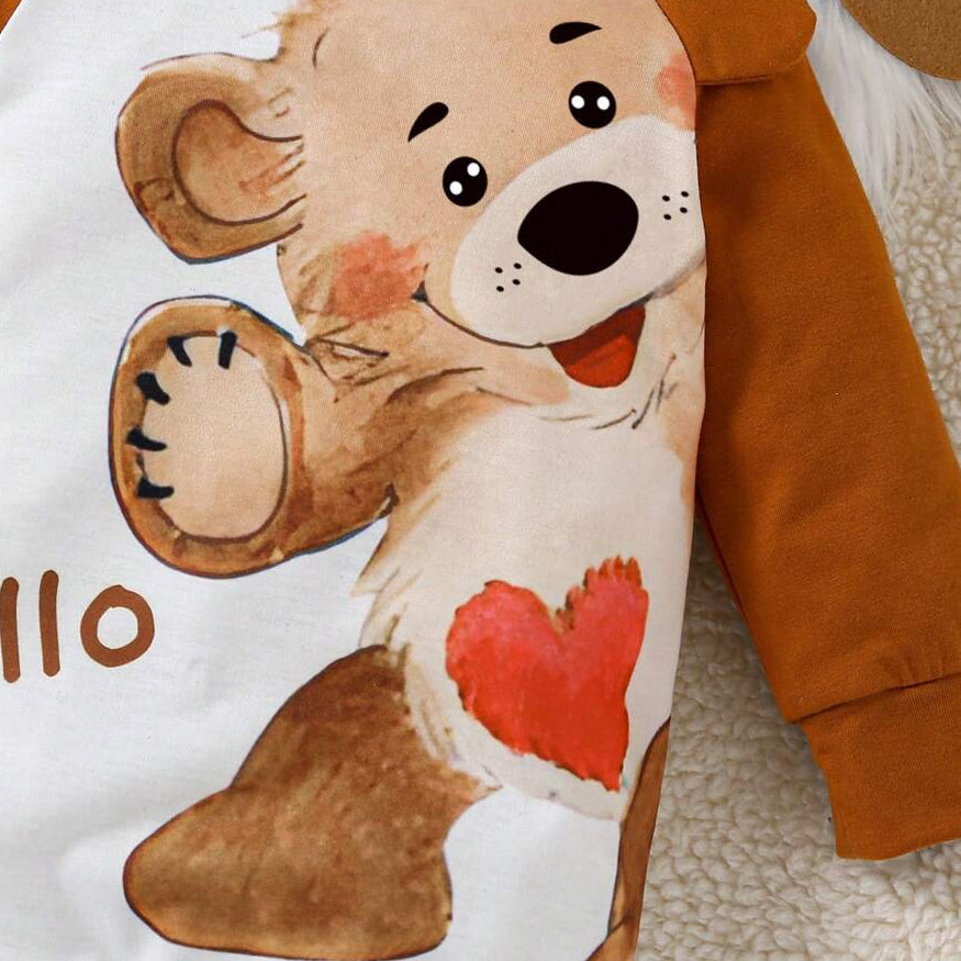 2PCS Casual Hello Letter Bear Print Long Sleeve Baby Jumpsuit