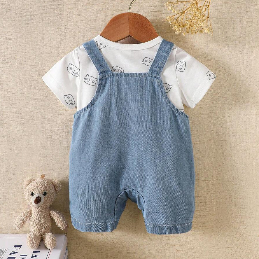Lovely Bear Print Short Sleeve Denim Baby Jumpsuit