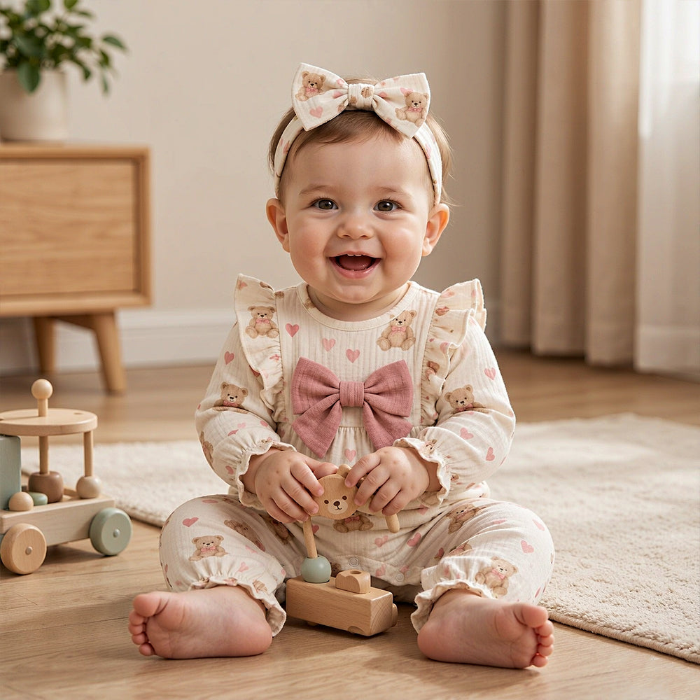 2PCS Charming Teddy Bear Heart Print Long Sleeve Baby Girl Jumpsuit