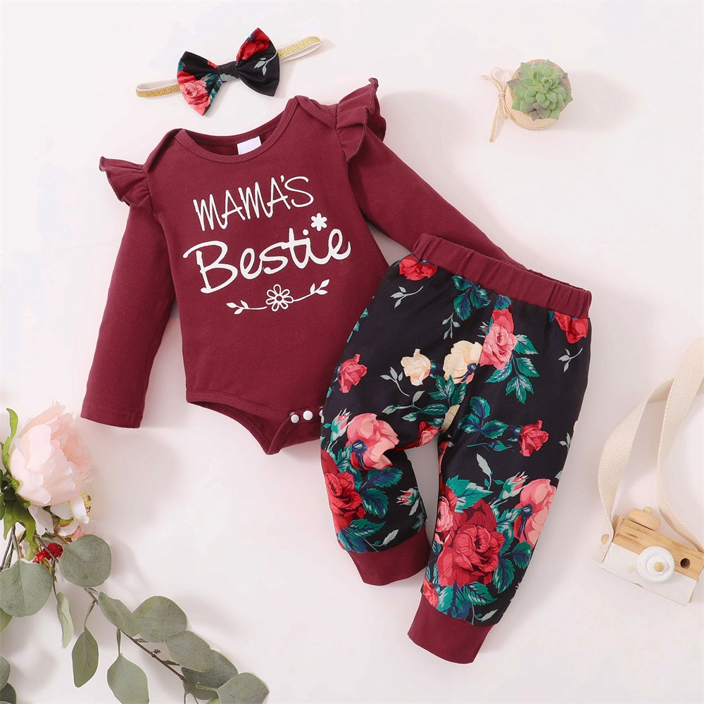 3PCS Mama's Bestie Letter Floral Print Long Sleeve Baby Set