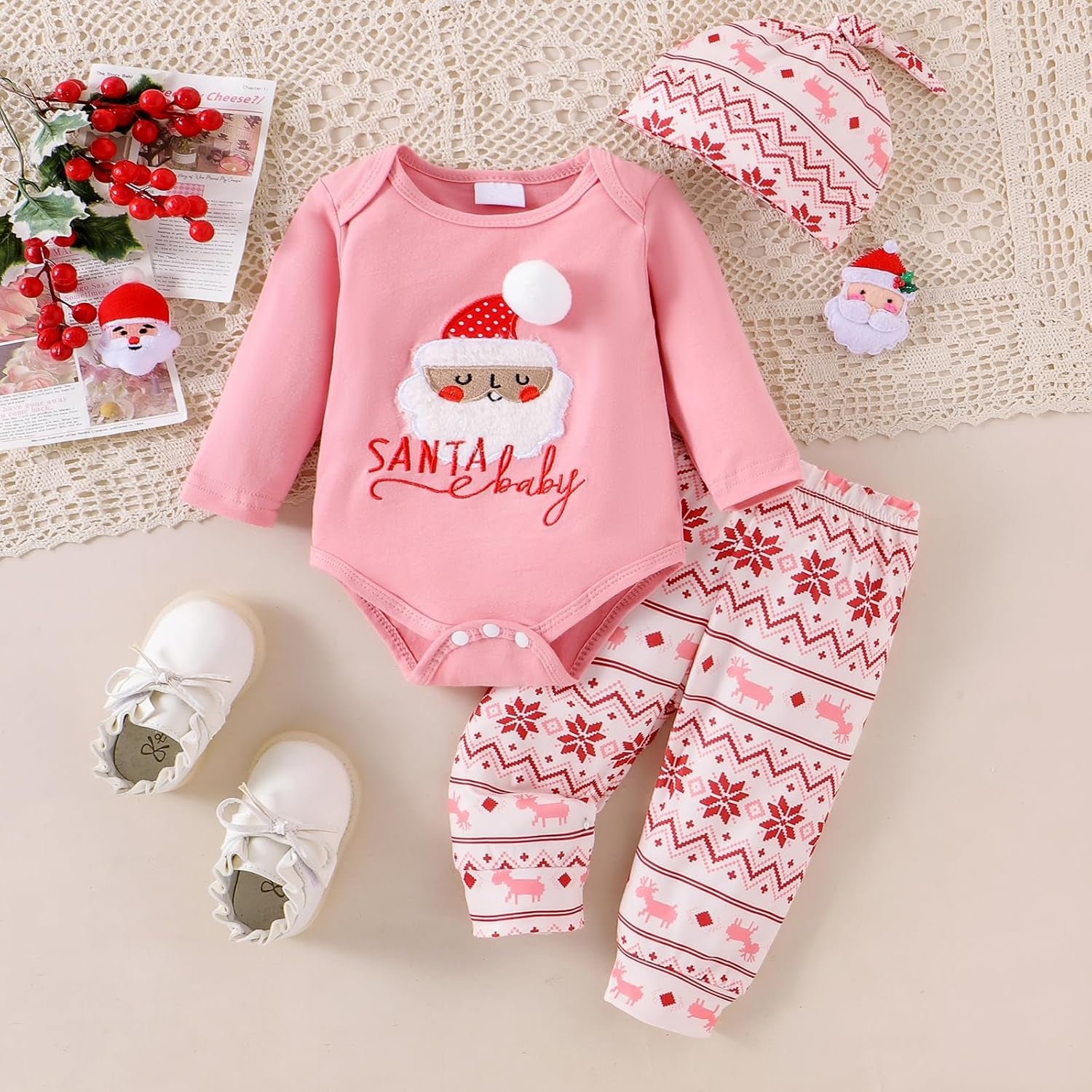 3PCS Christmas Santa Baby Letter Santa Claus Printed Baby Set