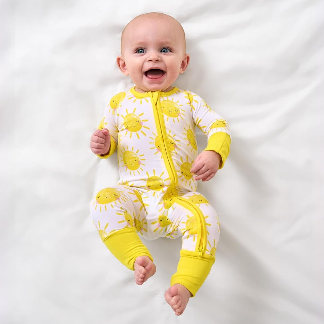 Cute Smiling Sun Printed Zipper Bamboo Viscose Baby Jumpsuit
