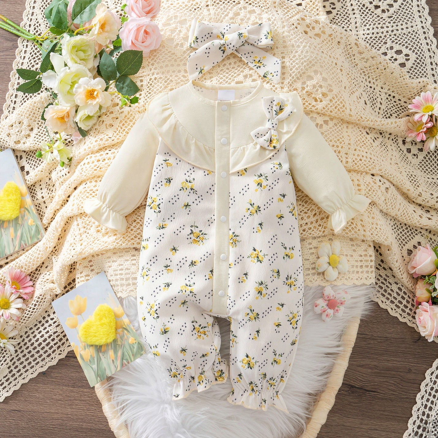 2PCS Cozy Floral and Polka Dots Print Long Sleeve Baby Jumpsuit