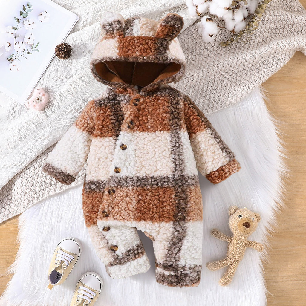 Warm Plush Plaid Printed  Long Sleeve Hooded Baby Jumpsuit