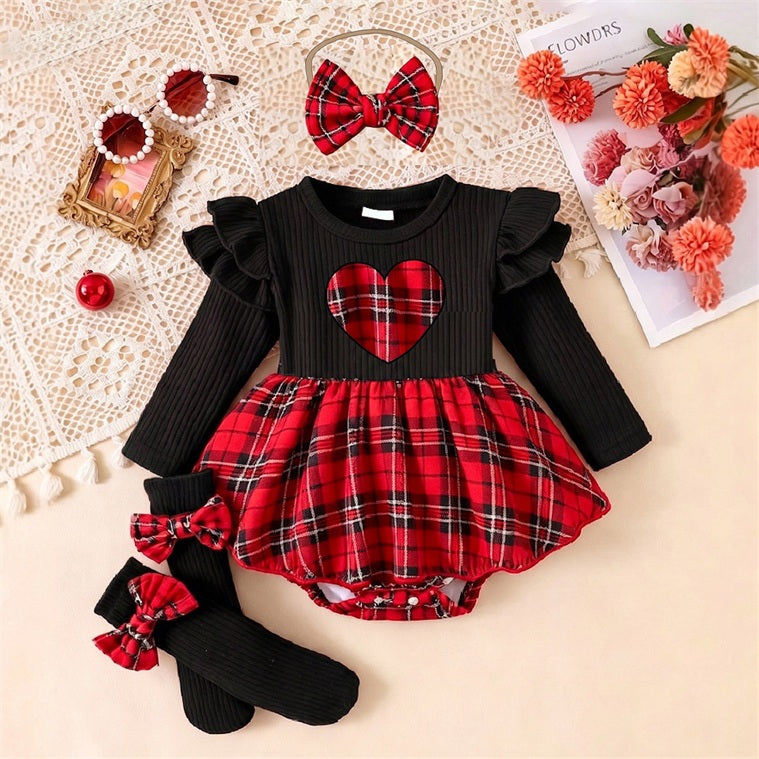 3PCS Stylish Heart Plaid Printed Ruffled Long Sleeve Baby Romper