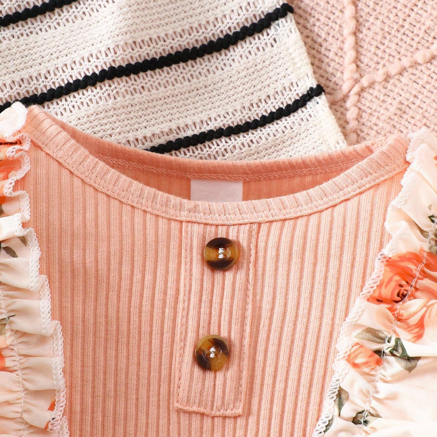 2PCS Comfy Floral Print Ruffle Baby Jumpsuit