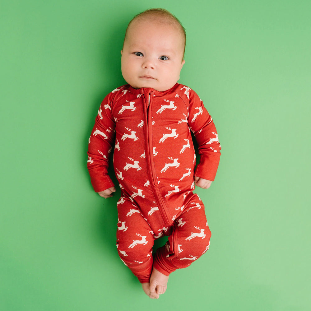 Stylish Christmas Elk Printed Long Sleeve Zipper Baby Jumpsuit