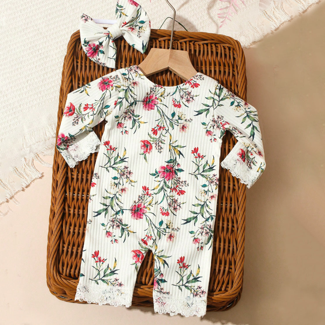 2PCS Sweet Floral Print Baby Girl Jumpsuit